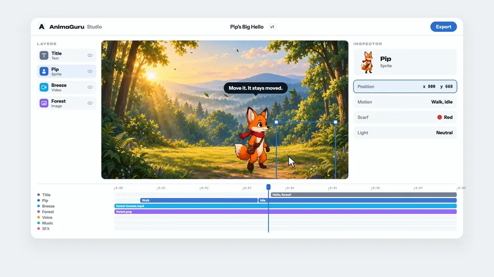 The AnimaGuru studio with layers, an inspector and a timeline. The fox is moved, and it stays where it was put.